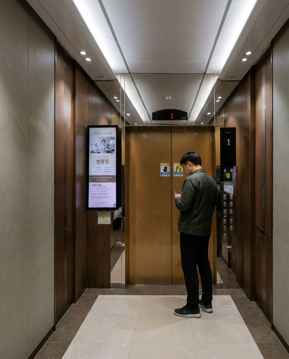 광고 화면과 입주민이 함께 보이는 아파트 엘리베이터