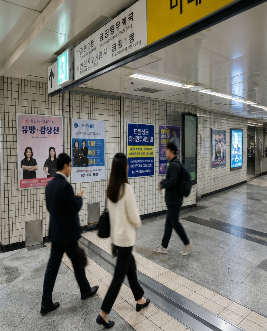 광고판과 보행자가 함께 보이는 지하철 통로